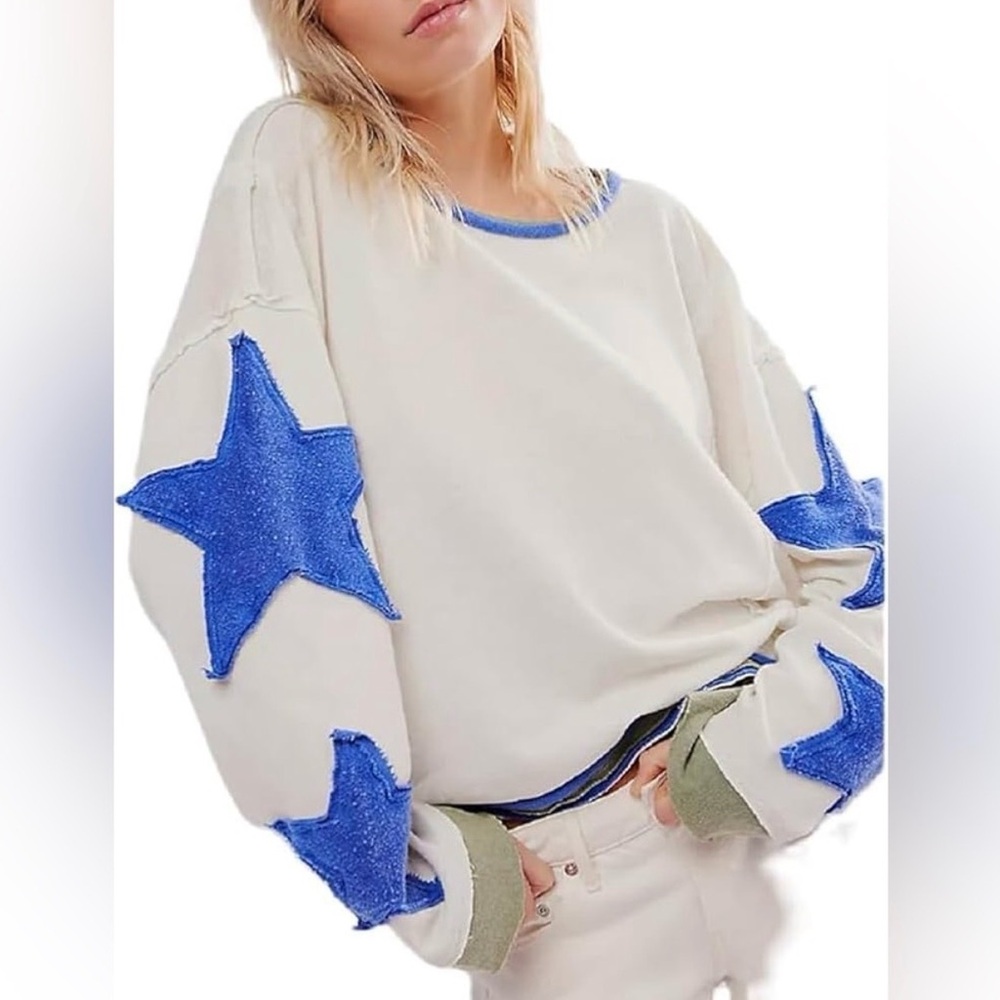 We the Free Free People You’re A Star White and Blue Long Sleeve Top Size Medium